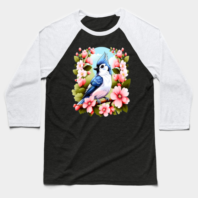 Cute Tufted Titmouse Surrounded by Vibrant Spring Flowers Baseball T-Shirt by BirdsnStuff