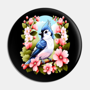 Cute Tufted Titmouse Surrounded by Vibrant Spring Flowers Pin