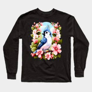 Cute Tufted Titmouse Surrounded by Vibrant Spring Flowers Long Sleeve T-Shirt