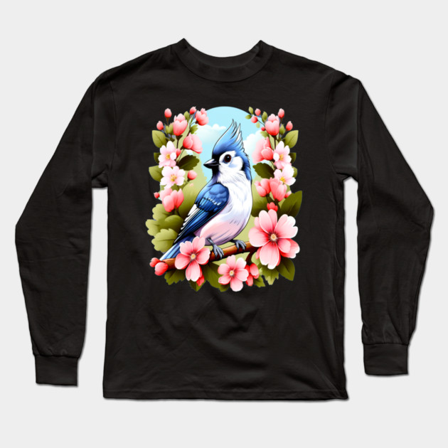 Cute Tufted Titmouse Surrounded by Vibrant Spring Flowers Long Sleeve T-Shirt by BirdsnStuff