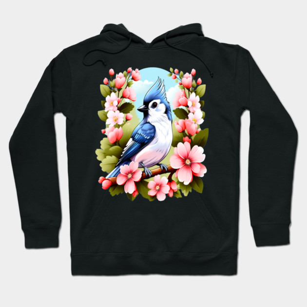 Cute Tufted Titmouse Surrounded by Vibrant Spring Flowers Hoodie by BirdsnStuff