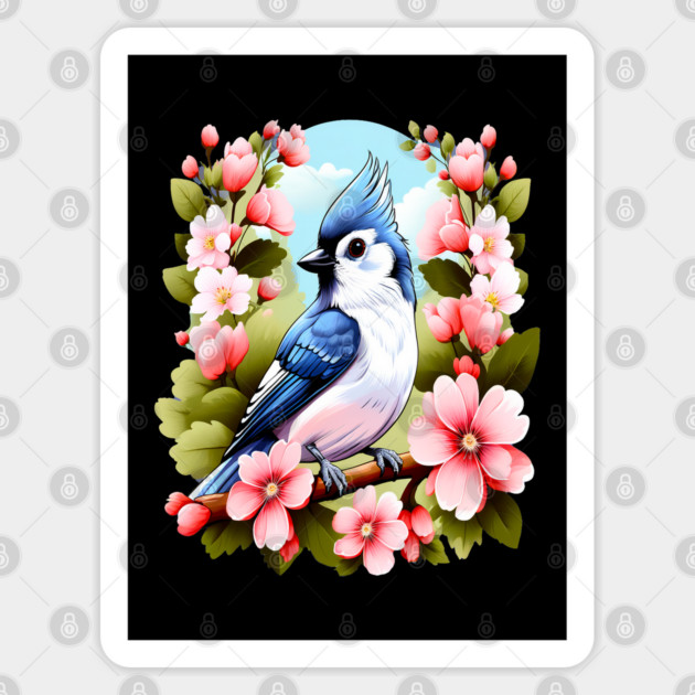 Cute Tufted Titmouse Surrounded by Vibrant Spring Flowers Sticker by BirdsnStuff