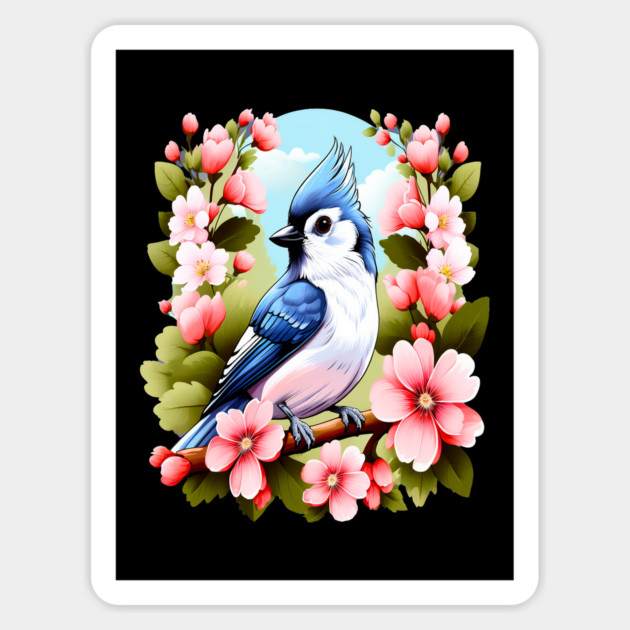 Cute Tufted Titmouse Surrounded by Vibrant Spring Flowers Magnet by BirdsnStuff