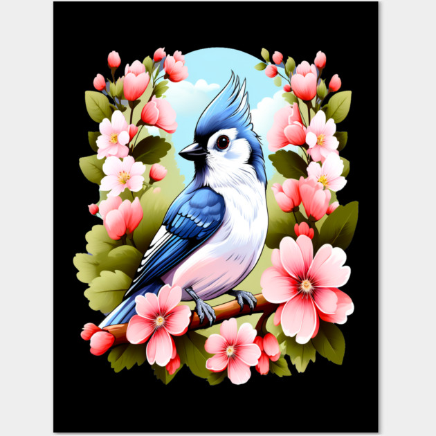 Cute Tufted Titmouse Surrounded by Vibrant Spring Flowers Wall Art by BirdsnStuff