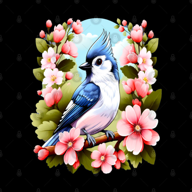 Cute Tufted Titmouse Surrounded by Vibrant Spring Flowers by BirdsnStuff