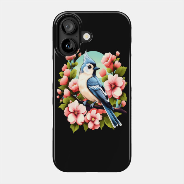 Cute Tufted Titmouse Surrounded by Vibrant Spring Flowers Phone Case by BirdsnStuff