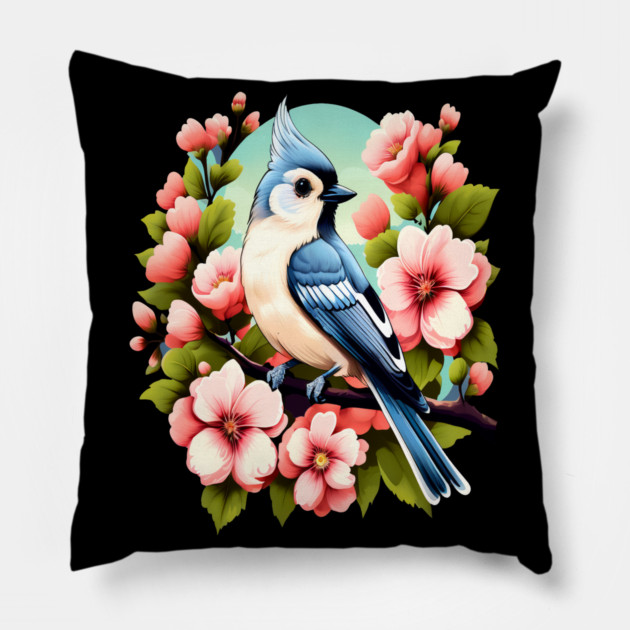 Cute Tufted Titmouse Surrounded by Vibrant Spring Flowers Pillow by BirdsnStuff