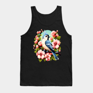 Cute Tufted Titmouse Surrounded by Vibrant Spring Flowers Tank Top