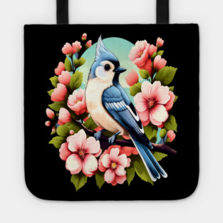 Cute Tufted Titmouse Surrounded by Vibrant Spring Flowers Tote