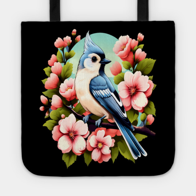 Cute Tufted Titmouse Surrounded by Vibrant Spring Flowers Tote by BirdsnStuff