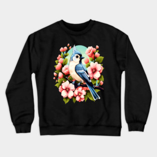 Cute Tufted Titmouse Surrounded by Vibrant Spring Flowers Crewneck Sweatshirt