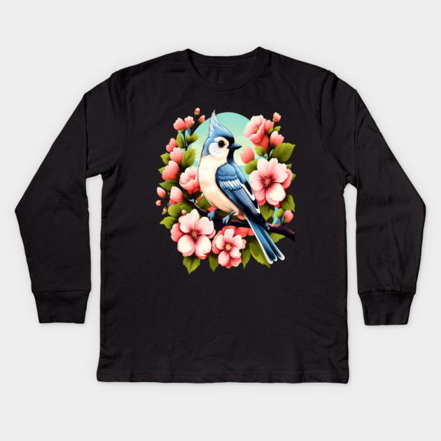 Cute Tufted Titmouse Surrounded by Vibrant Spring Flowers Kids Long Sleeve T-Shirt by BirdsnStuff