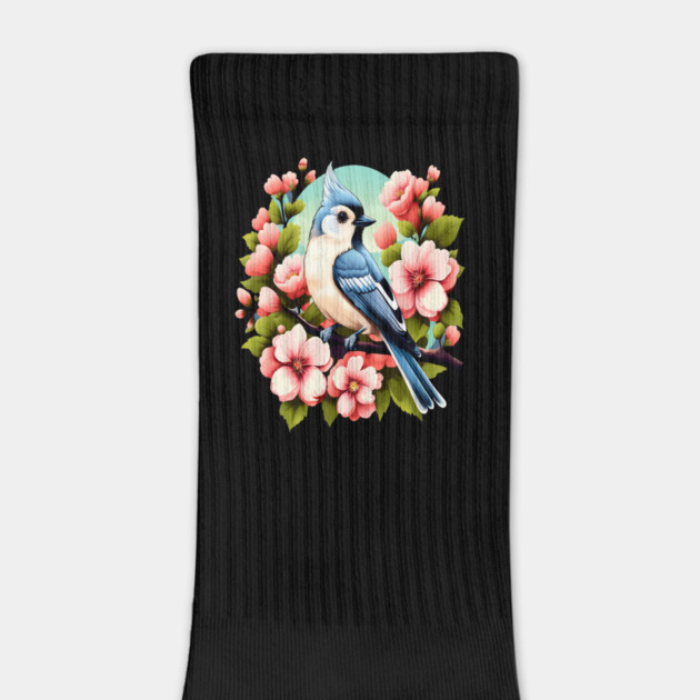 Cute Tufted Titmouse Surrounded by Vibrant Spring Flowers by BirdsnStuff