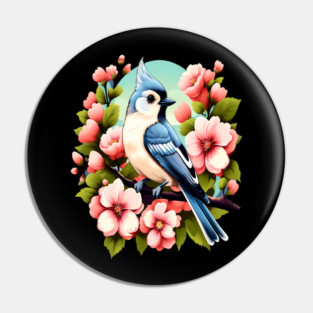 Cute Tufted Titmouse Surrounded by Vibrant Spring Flowers Pin