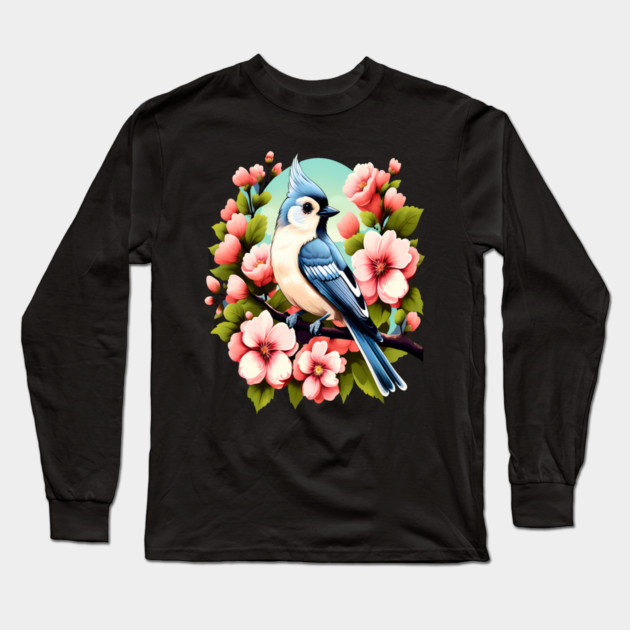 Cute Tufted Titmouse Surrounded by Vibrant Spring Flowers Long Sleeve T-Shirt by BirdsnStuff