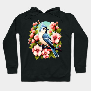 Cute Tufted Titmouse Surrounded by Vibrant Spring Flowers Hoodie