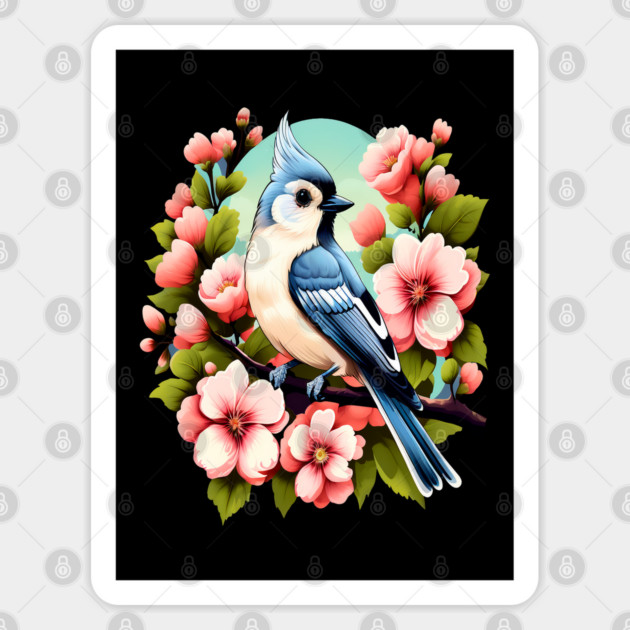 Cute Tufted Titmouse Surrounded by Vibrant Spring Flowers Sticker by BirdsnStuff