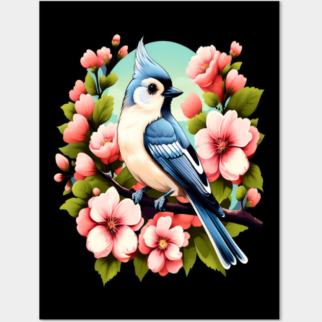 Cute Tufted Titmouse Surrounded by Vibrant Spring Flowers Wall Art by BirdsnStuff