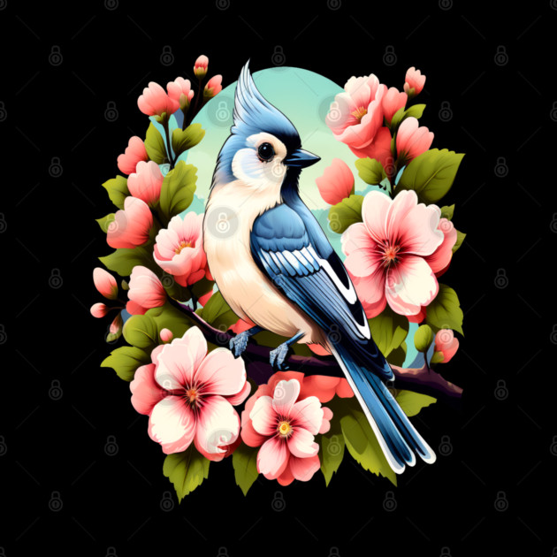 Cute Tufted Titmouse Surrounded by Vibrant Spring Flowers by BirdsnStuff