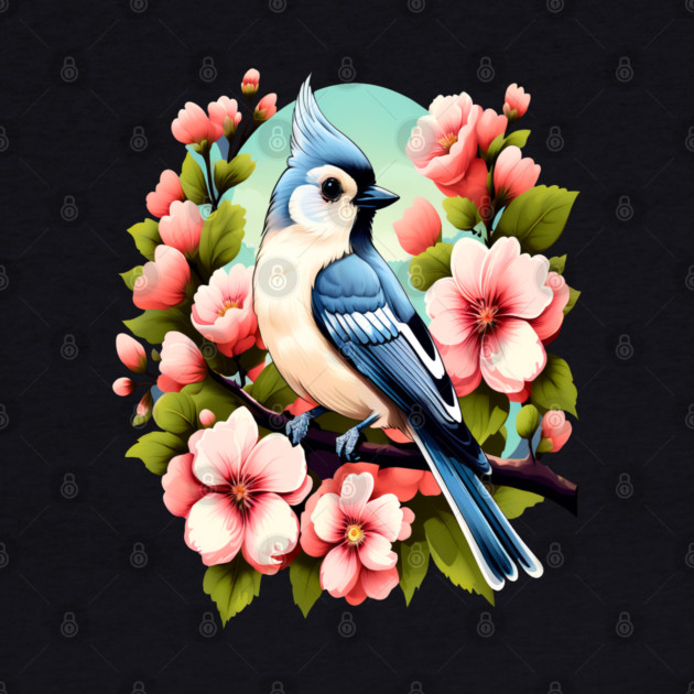 Cute Tufted Titmouse Surrounded by Vibrant Spring Flowers by BirdsnStuff