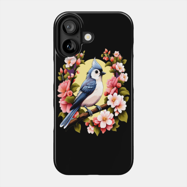 Cute Tufted Titmouse Surrounded by Vibrant Spring Flowers Phone Case by BirdsnStuff