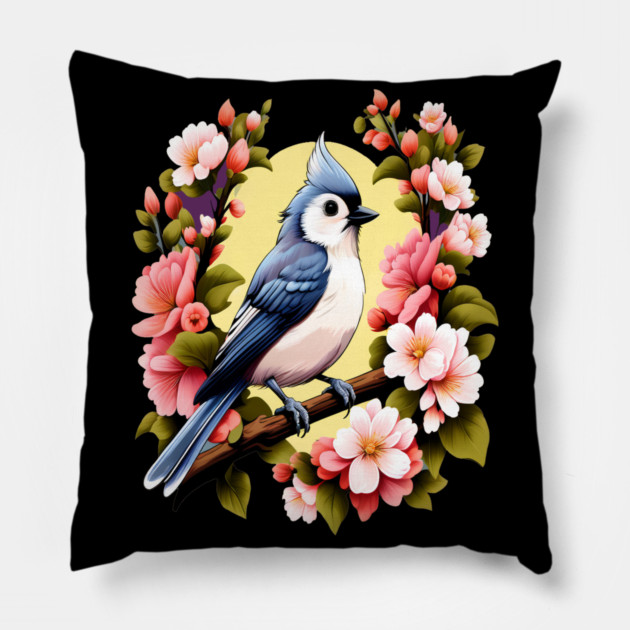 Cute Tufted Titmouse Surrounded by Vibrant Spring Flowers Pillow by BirdsnStuff