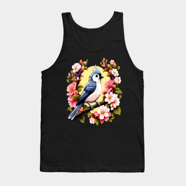 Cute Tufted Titmouse Surrounded by Vibrant Spring Flowers Tank Top by BirdsnStuff