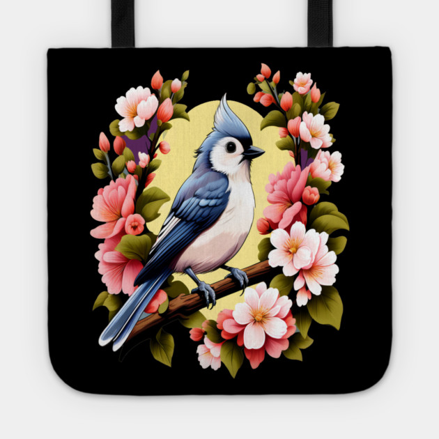Cute Tufted Titmouse Surrounded by Vibrant Spring Flowers Tote by BirdsnStuff
