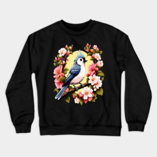 Cute Tufted Titmouse Surrounded by Vibrant Spring Flowers Crewneck Sweatshirt