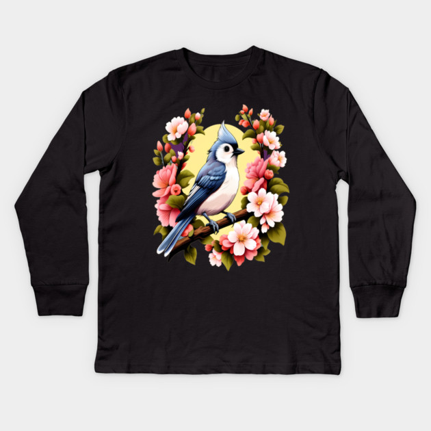 Cute Tufted Titmouse Surrounded by Vibrant Spring Flowers Kids Long Sleeve T-Shirt by BirdsnStuff