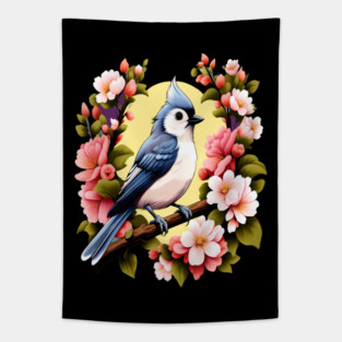 Cute Tufted Titmouse Surrounded by Vibrant Spring Flowers Tapestry