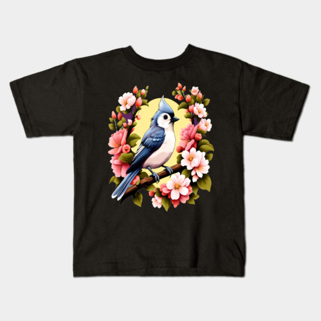 Cute Tufted Titmouse Surrounded by Vibrant Spring Flowers Kids T-Shirt by BirdsnStuff