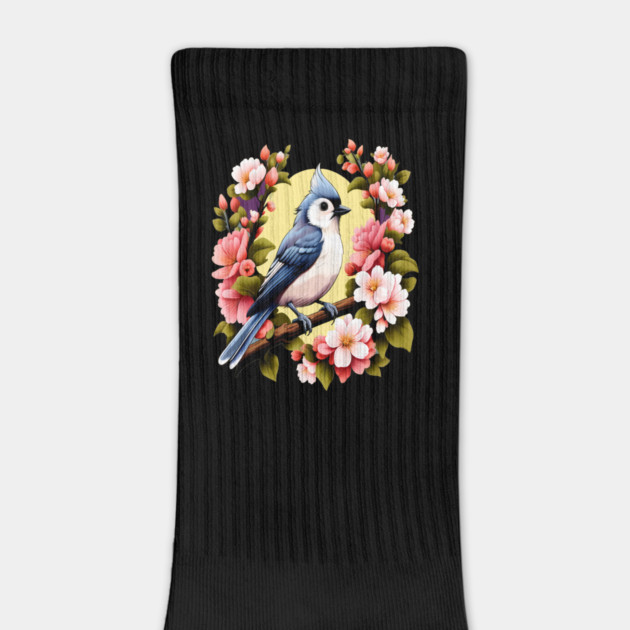 Cute Tufted Titmouse Surrounded by Vibrant Spring Flowers by BirdsnStuff