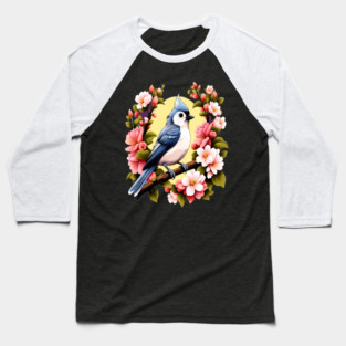Cute Tufted Titmouse Surrounded by Vibrant Spring Flowers Baseball T-Shirt