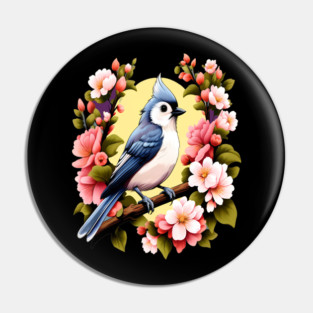 Cute Tufted Titmouse Surrounded by Vibrant Spring Flowers Pin