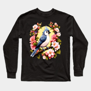 Cute Tufted Titmouse Surrounded by Vibrant Spring Flowers Long Sleeve T-Shirt