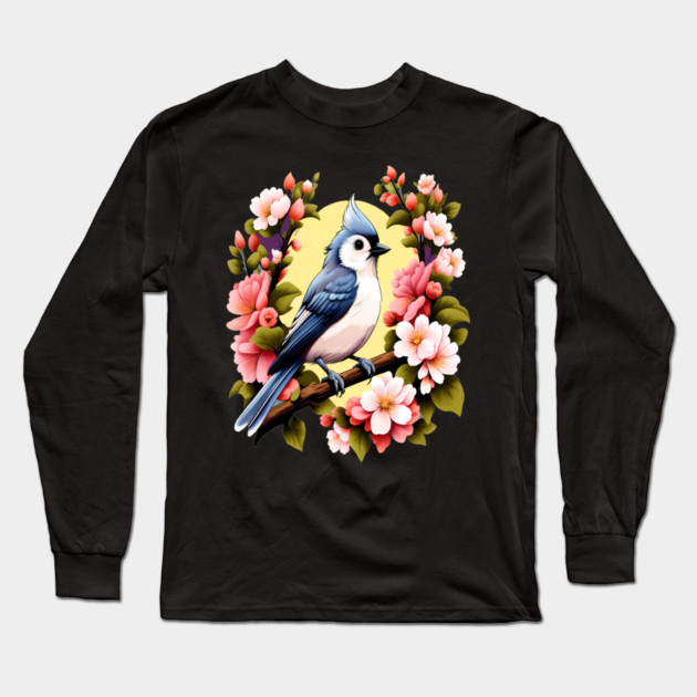 Cute Tufted Titmouse Surrounded by Vibrant Spring Flowers Long Sleeve T-Shirt by BirdsnStuff