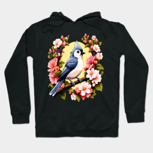 Cute Tufted Titmouse Surrounded by Vibrant Spring Flowers Hoodie