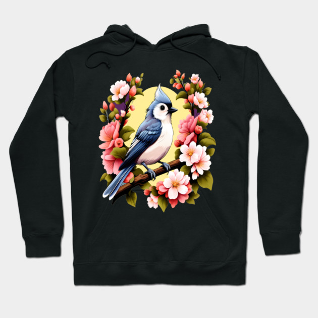 Cute Tufted Titmouse Surrounded by Vibrant Spring Flowers Hoodie by BirdsnStuff