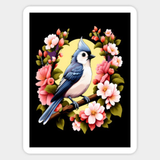 Cute Tufted Titmouse Surrounded by Vibrant Spring Flowers Magnet