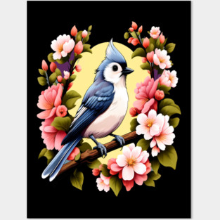 Cute Tufted Titmouse Surrounded by Vibrant Spring Flowers Posters and Art