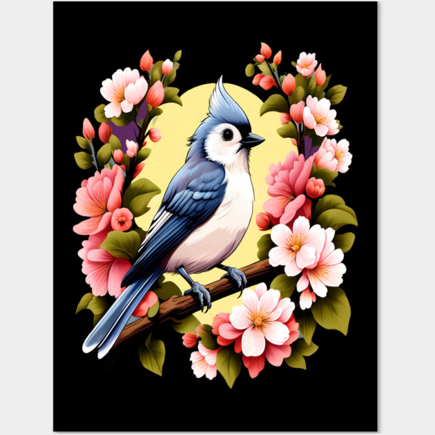 Cute Tufted Titmouse Surrounded by Vibrant Spring Flowers Wall Art by BirdsnStuff
