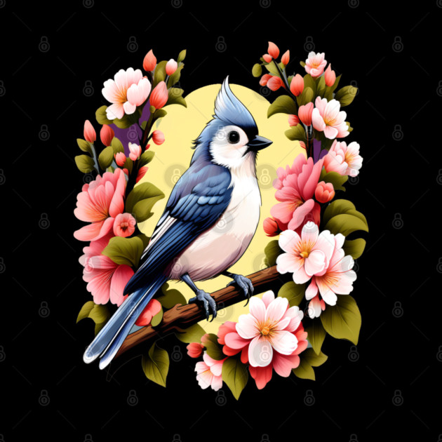 Cute Tufted Titmouse Surrounded by Vibrant Spring Flowers by BirdsnStuff