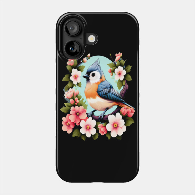 Cute Tufted Titmouse Surrounded by Vibrant Spring Flowers Phone Case by BirdsnStuff
