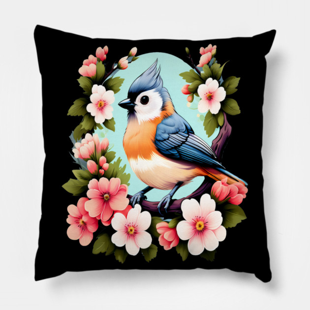 Cute Tufted Titmouse Surrounded by Vibrant Spring Flowers Pillow by BirdsnStuff