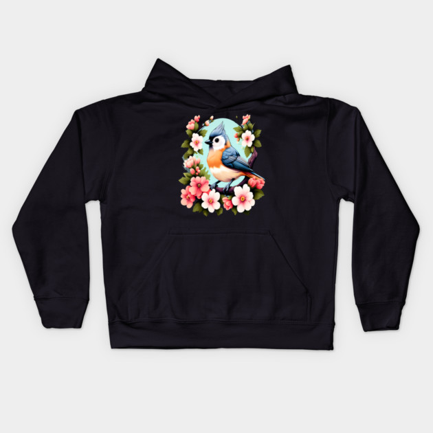 Cute Tufted Titmouse Surrounded by Vibrant Spring Flowers Kids Hoodie by BirdsnStuff