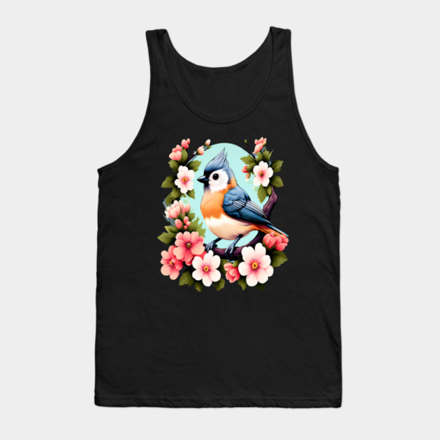 Cute Tufted Titmouse Surrounded by Vibrant Spring Flowers Tank Top by BirdsnStuff
