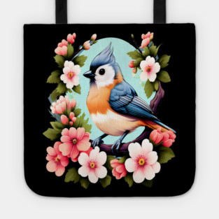 Cute Tufted Titmouse Surrounded by Vibrant Spring Flowers Tote