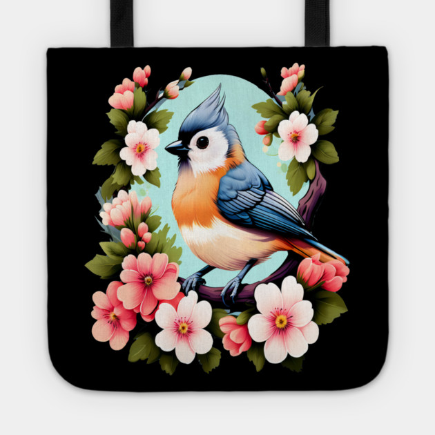 Cute Tufted Titmouse Surrounded by Vibrant Spring Flowers Tote by BirdsnStuff