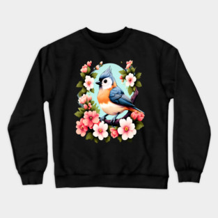 Cute Tufted Titmouse Surrounded by Vibrant Spring Flowers Crewneck Sweatshirt